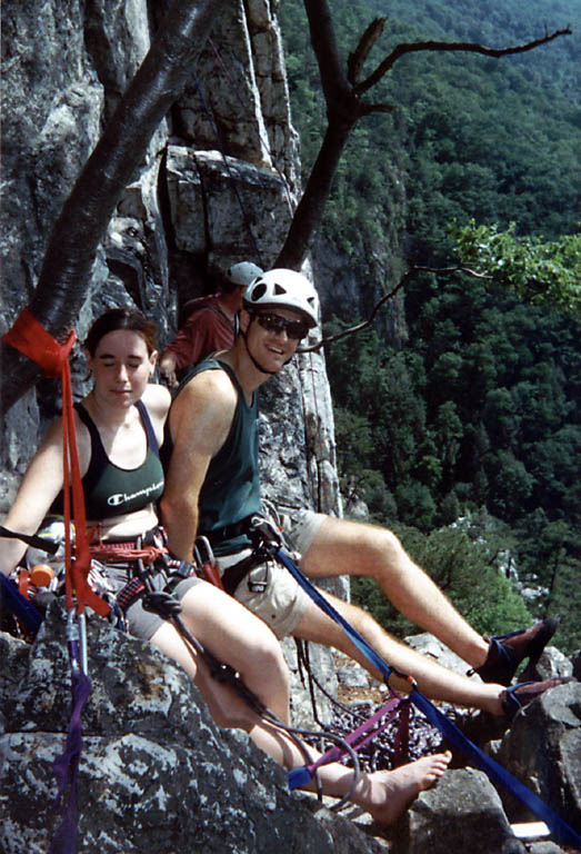Kim and me at the top of the first pitch of Le Gourmet. (Category:  Rock Climbing)