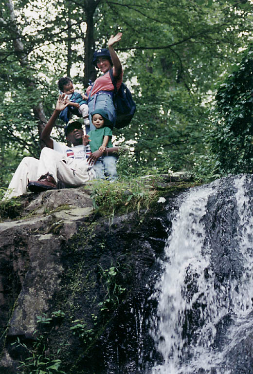 Sophia, Hussein, Rachel and Nassor above a waterfall. (Category:  Hiking)