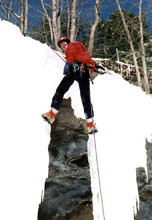 On rappel. (Category:  Ice Climbing)