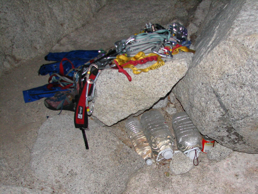 The water cache that saved our butts on the South Face of Washington Column. (Category:  Rock Climbing)