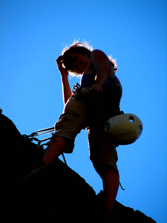 Bridgette at the top of Rope De Dope. (Category:  Rock Climbing)