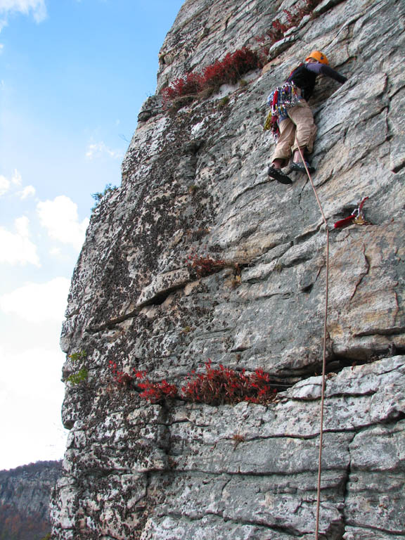 Kristin leading the fun third pitch of RMC. (Category:  Rock Climbing)