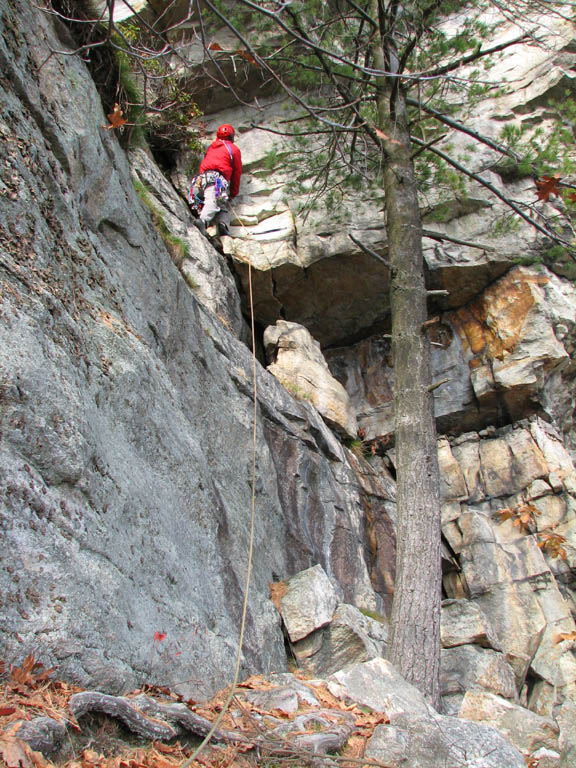 Starting to lead the direct variation on the third pitch of Thin Slabs. (Category:  Rock Climbing)