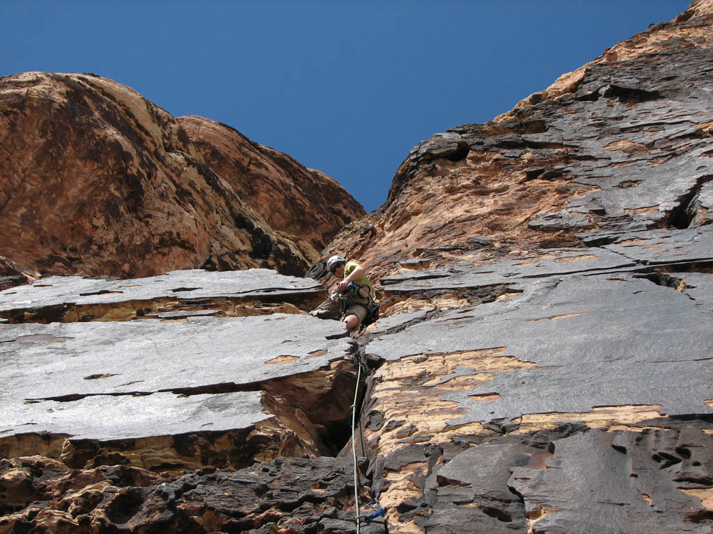 Guy leading at Brass Wall. (Category:  Rock Climbing)