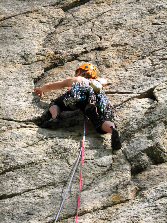 Kristin leading Birdland. (Category:  Rock Climbing)