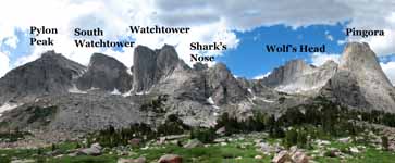 Annotated panorama.  Block Tower is just left of Shark's Nose and Overhanging Tower is just right of Shark's Nose. (Category:  Rock Climbing)