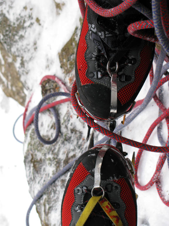 Mike and I have the same Mad Rock Alpinist boots.  We both really like them.  For crampons, Mike has BD Cyborgs and I've got Grivel Rambos. (Category:  Ice Climbing)