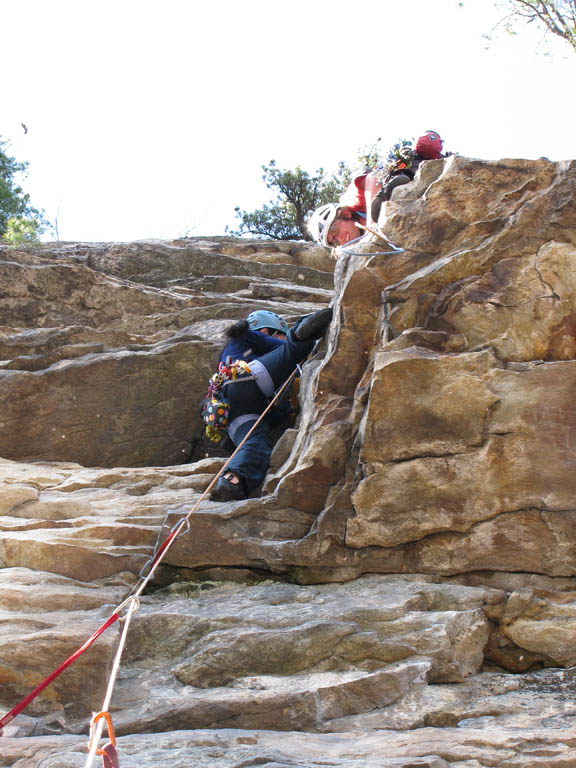 Zupes belaying Melissa through the crux of Strictly From Nowhere. (Category:  Rock Climbing)