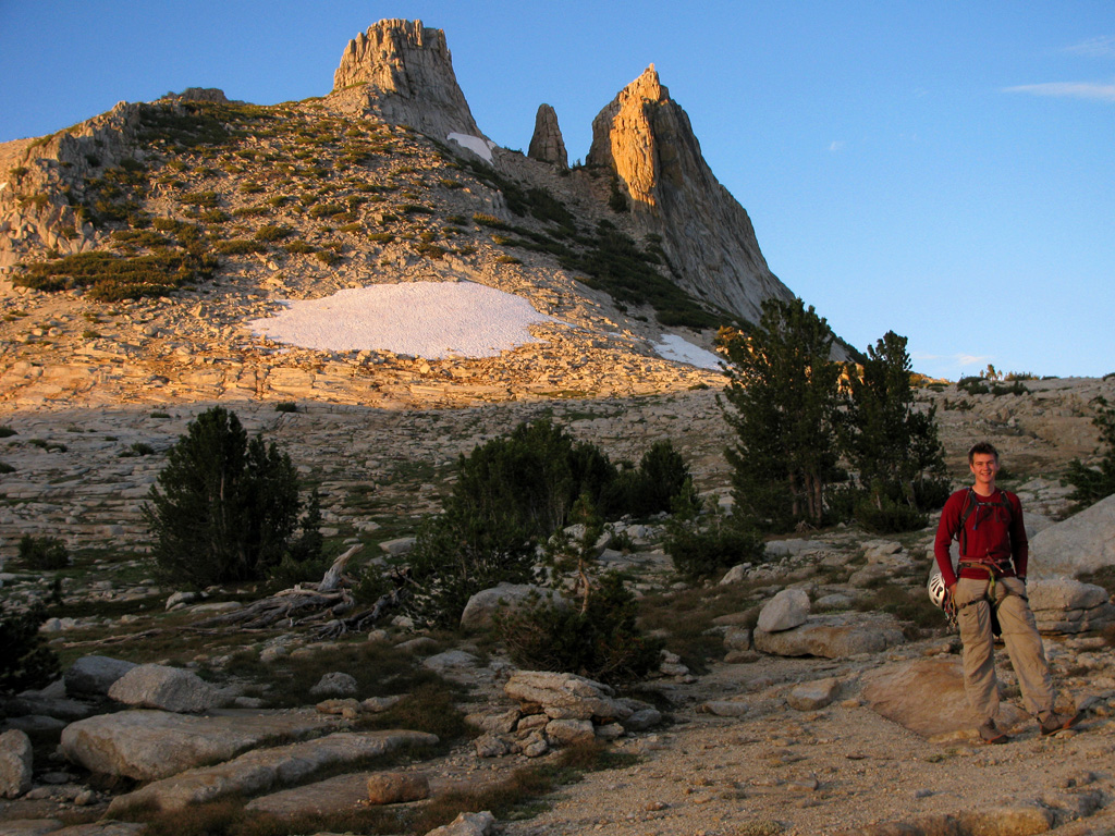 Hiking to Matthes Crest.  Those are Echo Towers behind Guy. (Category:  Rock Climbing)