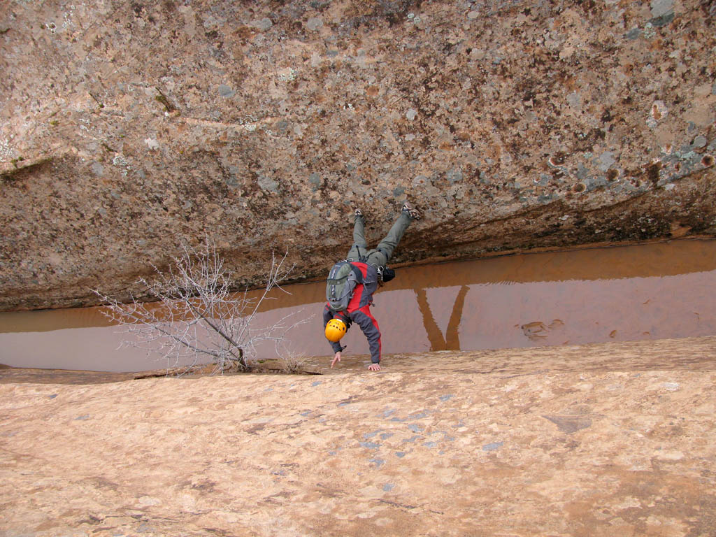 Full body stemming in the canyon. (Category:  Rock Climbing)