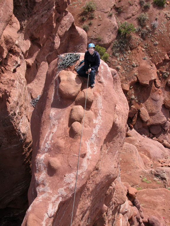 Melissa at the third belay of Ancient Art, seen from the summit. (Category:  Rock Climbing)