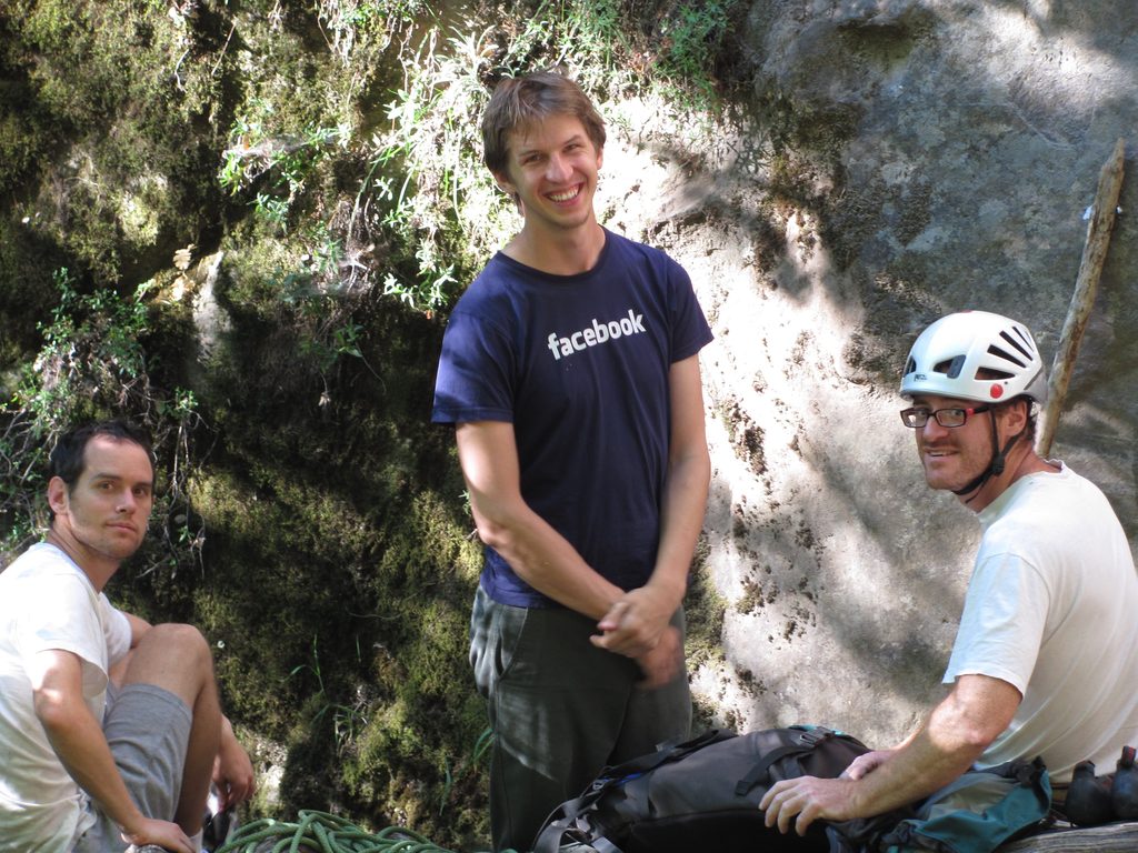 Alex, Lars and me at the base of Falls Route. (Category:  Rock Climbing, Tree Climbing)