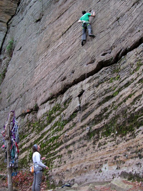 Jenny belaying Ross on Manic Impression. (Category:  Rock Climbing)