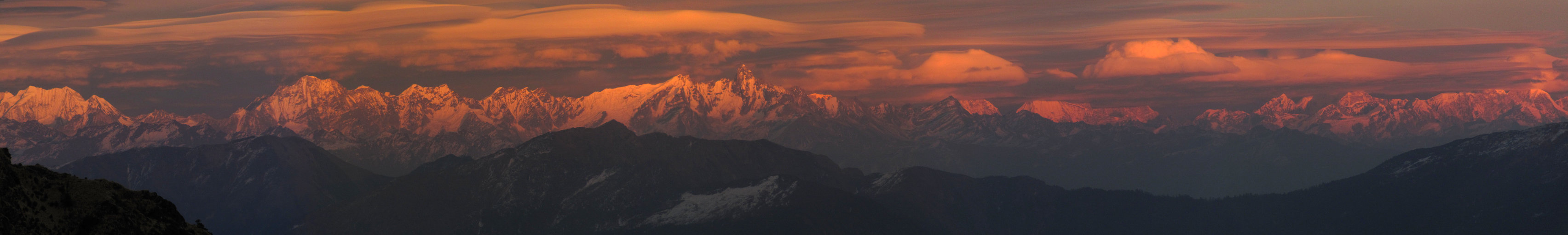 Panorama of the Langtang range at sunset. (Category:  Travel)