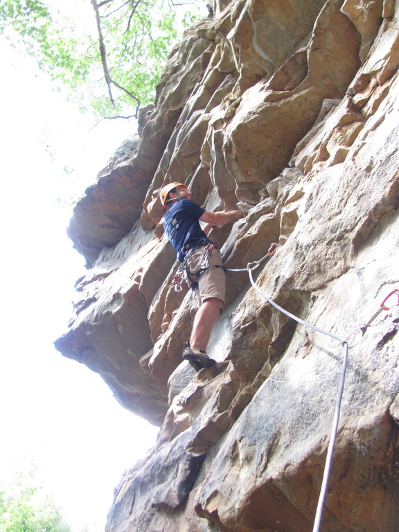 Adam on a short, steep route. (Category:  Rock Climbing)