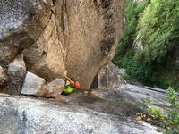 Me leading Rock On. Right at the crux move. (Category:  Rock Climbing)