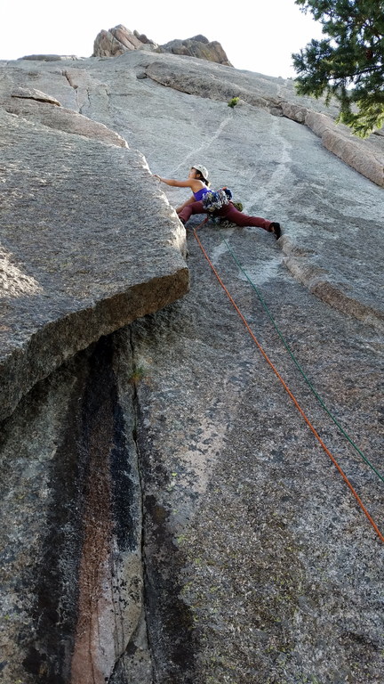 Cathy leading the unprotected start of Pear Buttress (Category:  Climbing)