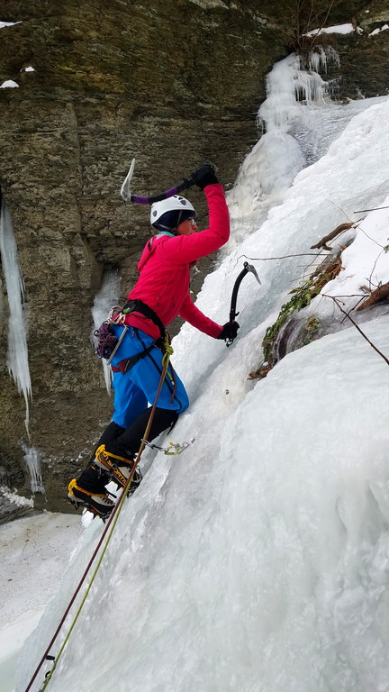 Jackie leading the middle step (Category:  Ice Climbing)