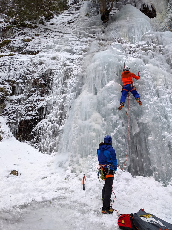 Calvin belaying me at the start of Ice Slot (Category:  Ice Climbing)