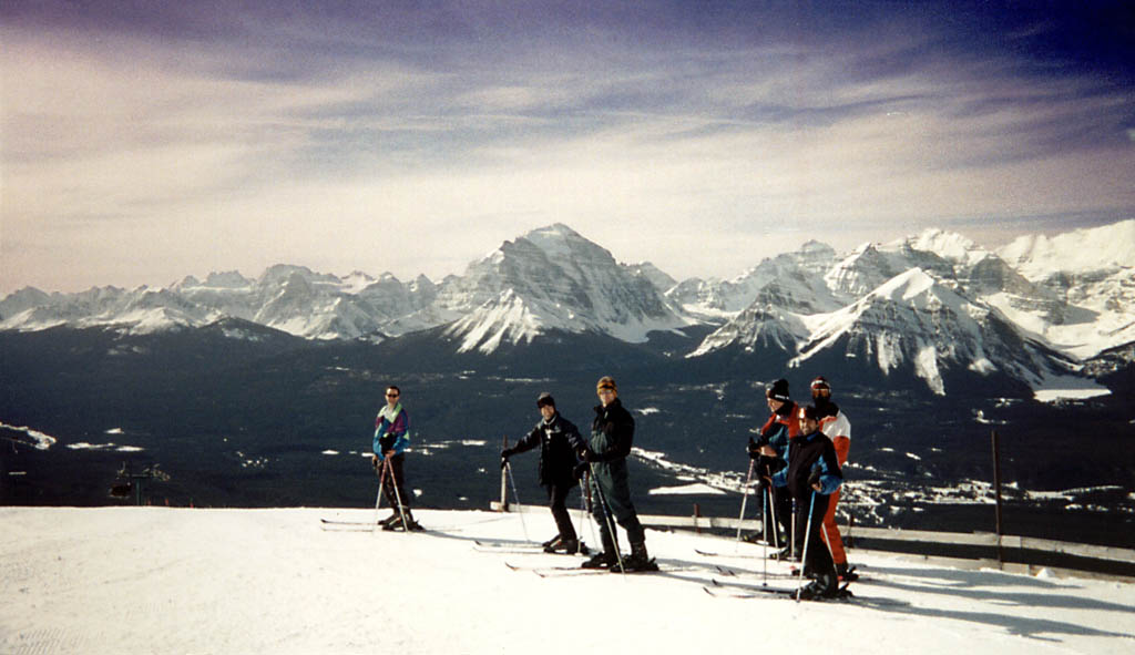 Dave, Steve, Henrik, Phil, Danny and Andy skiing high in the Canadian Rockies. (Category:  Skiing)