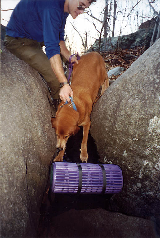 Using my pack as a stepladder to help Mandel with one of the scrambles on Old Rag. (Category:  Backpacking)