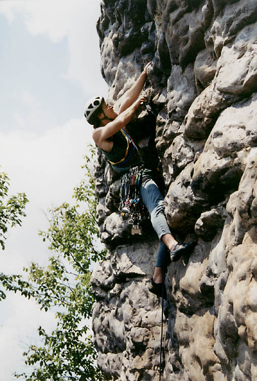 Attempting to lead Black Crack (5.9). (Category:  Rock Climbing)