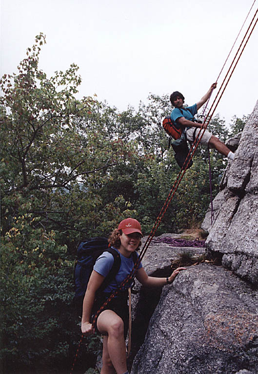 Lindsay and Vijay on rappel. (Category:  Rock Climbing)