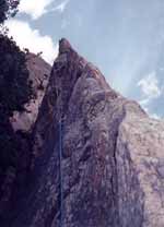 View up the arete from the bottom of the last pitch. (Category:  Rock Climbing)