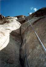 View up the final portion of the third pitch. (Category:  Rock Climbing)