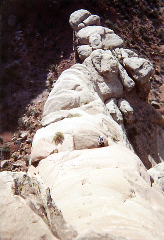 Looking down from the summit to the third belay. (Category:  Rock Climbing)