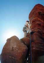 Just starting the bolt ladder on the third pitch. (Category:  Rock Climbing)