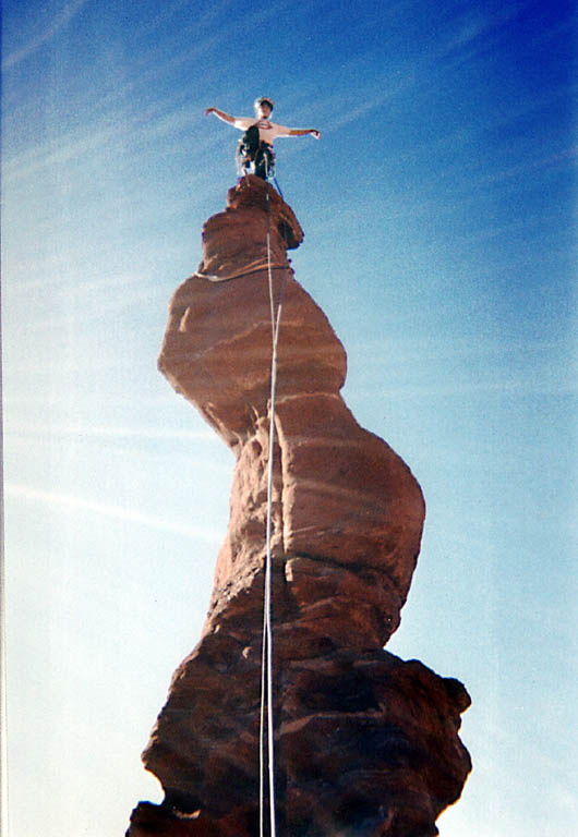 Lauren on the summit on one foot. (Category:  Rock Climbing)