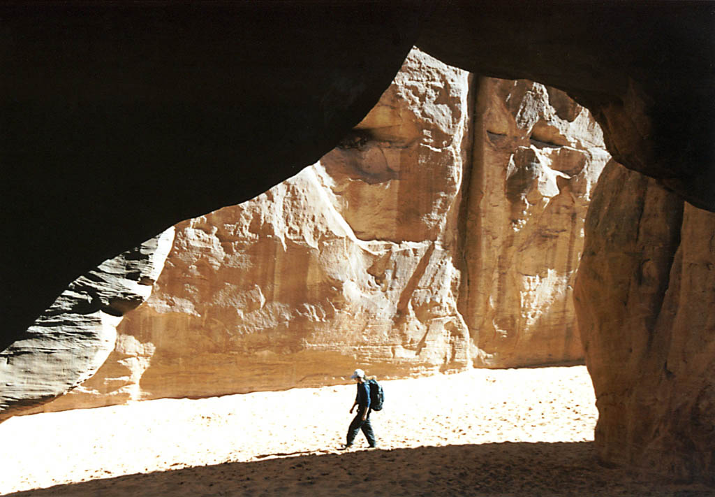 Lauren hiking under Sand Dune Arch. (Category:  Rock Climbing)