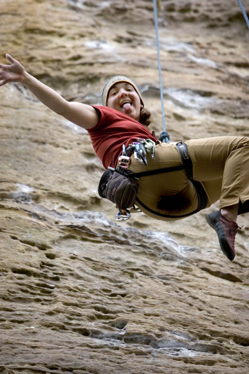 Lindsay after falling off Bandolier. (Category:  Rock Climbing)