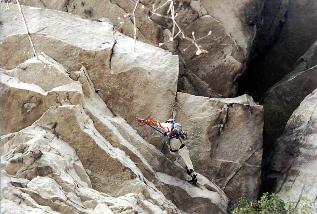 Joe in the middle of Twilight Zone, photographed from the belay. (Category:  Rock Climbing)