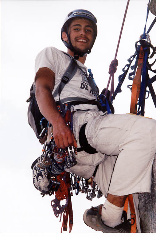 Joe at the hanging belay above Twilight Zone. (Category:  Rock Climbing)