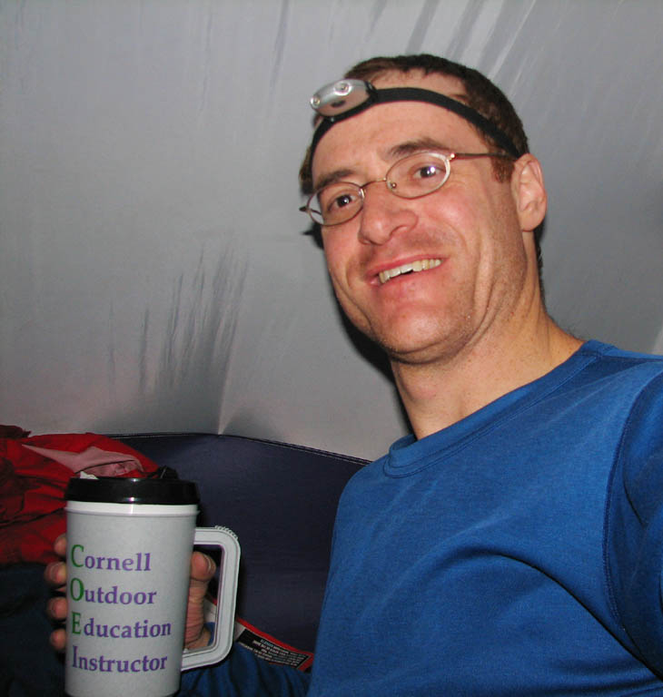 Me in my tent with my Cornell Outdoor Education Instructor mug full of tea.  Pure bliss! (Category:  Rock Climbing)