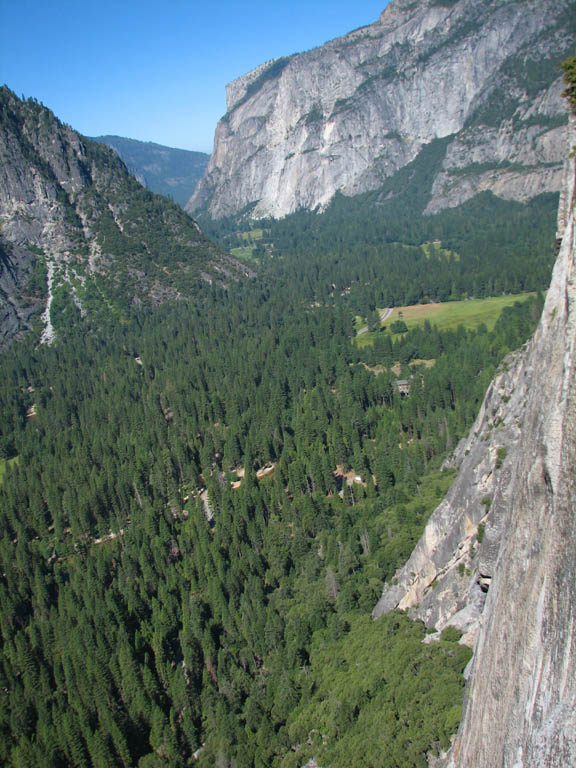 View west down Yosemite Valley from about 500' up Washington Column. (Category:  Rock Climbing)