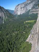 View west down Yosemite Valley from about 500' up Washington Column. (Category:  Rock Climbing)