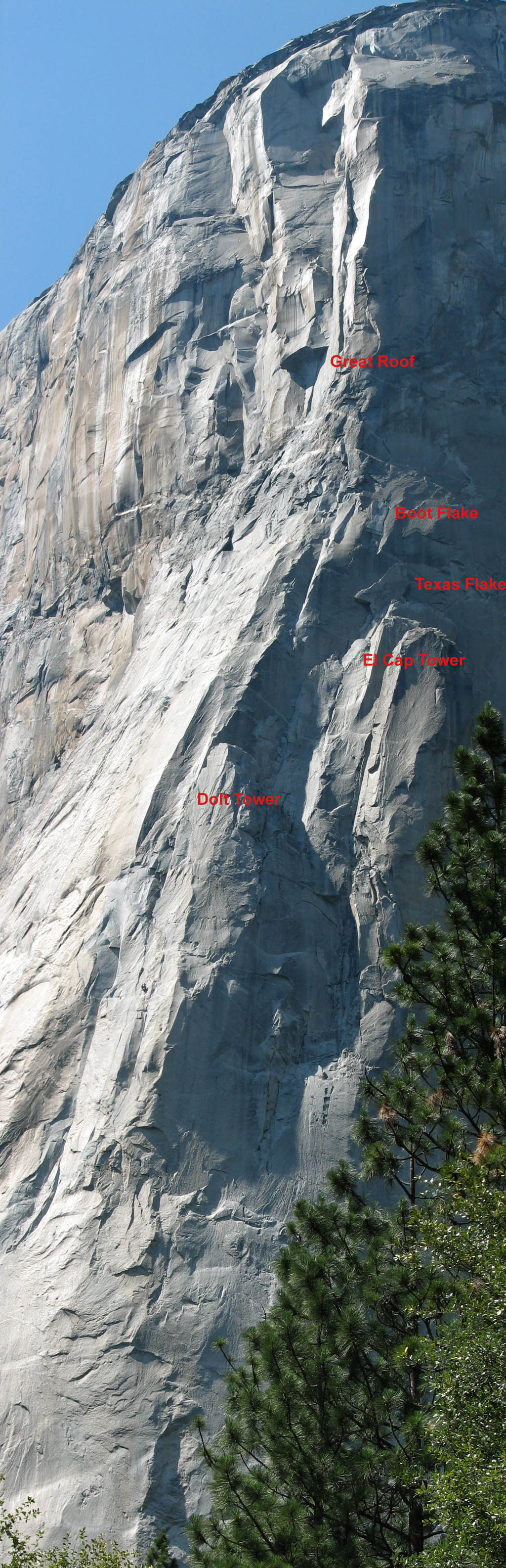 Panorama of The Nose of El Capitan.  I annotated some landmarks on the route. (Category:  Rock Climbing)