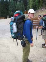 Me with my overloaded pack.  I have an Arcteryx expedition size pack, but didn't bring it on this summer trip, so I was stuck carrying a midsize pack and a day pack lashed together. (Category:  Rock Climbing)