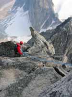 Rappelling off Bugaboo Spire. (Category:  Rock Climbing)