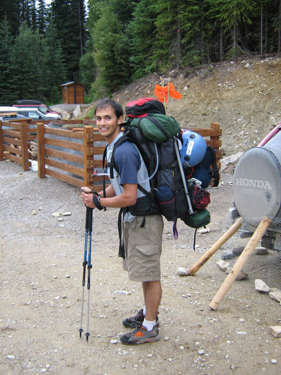 Joe with his overloaded pack. (Category:  Rock Climbing)