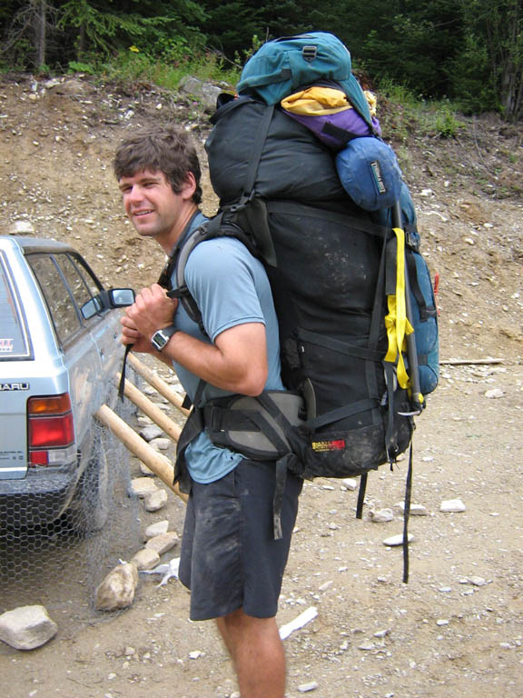 Brian with his overloaded pack. (Category:  Rock Climbing)