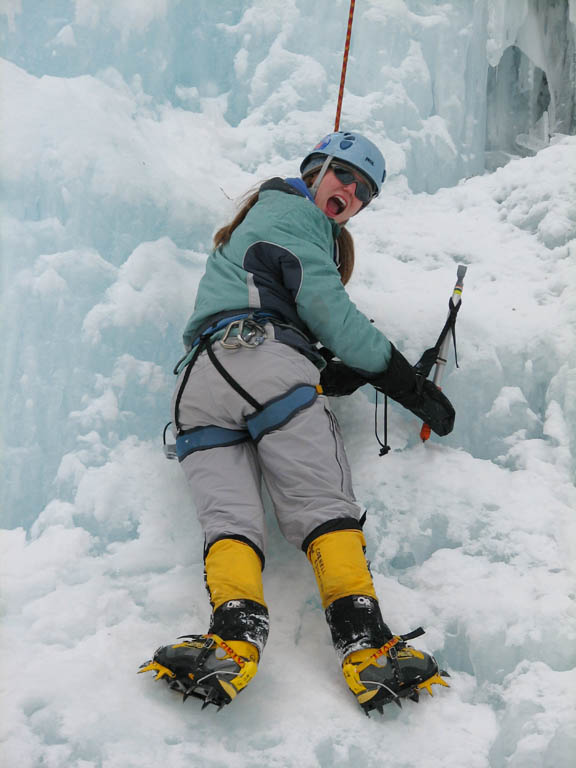 Anna climbing Mate, Spawn and Die. (Category:  Ice Climbing)