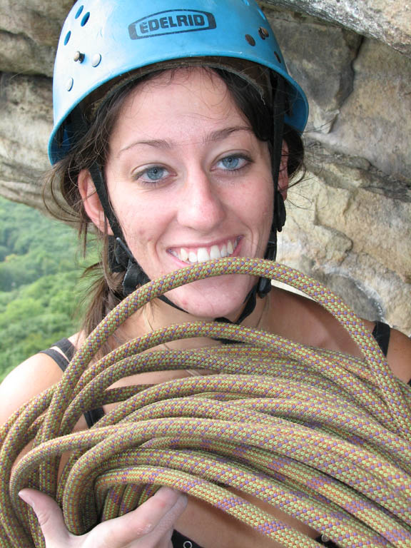 Jennifer getting ready for the roof pitch on Shockley's. (Category:  Rock Climbing)