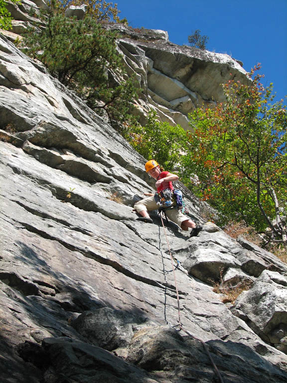 Kristin leading the first pitch of CCK Direct. (Category:  Rock Climbing)