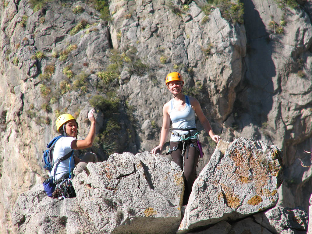 Aramy and Kristin at the top of Snot Girlz. (Category:  Rock Climbing)