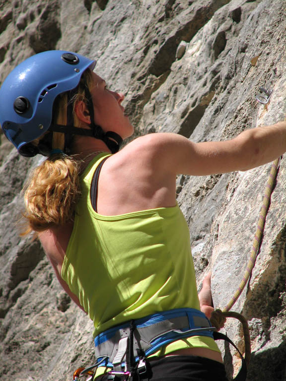 Jess climbing La Pressa. (Category:  Rock Climbing)