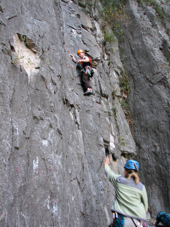 Kristin leading the first pitch (5.11a) of Super Nova. (Category:  Rock Climbing)